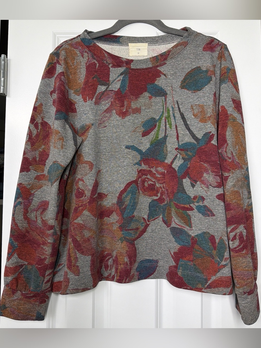 T.La Gray Floral Pullover with Red & Teal Rose Accents